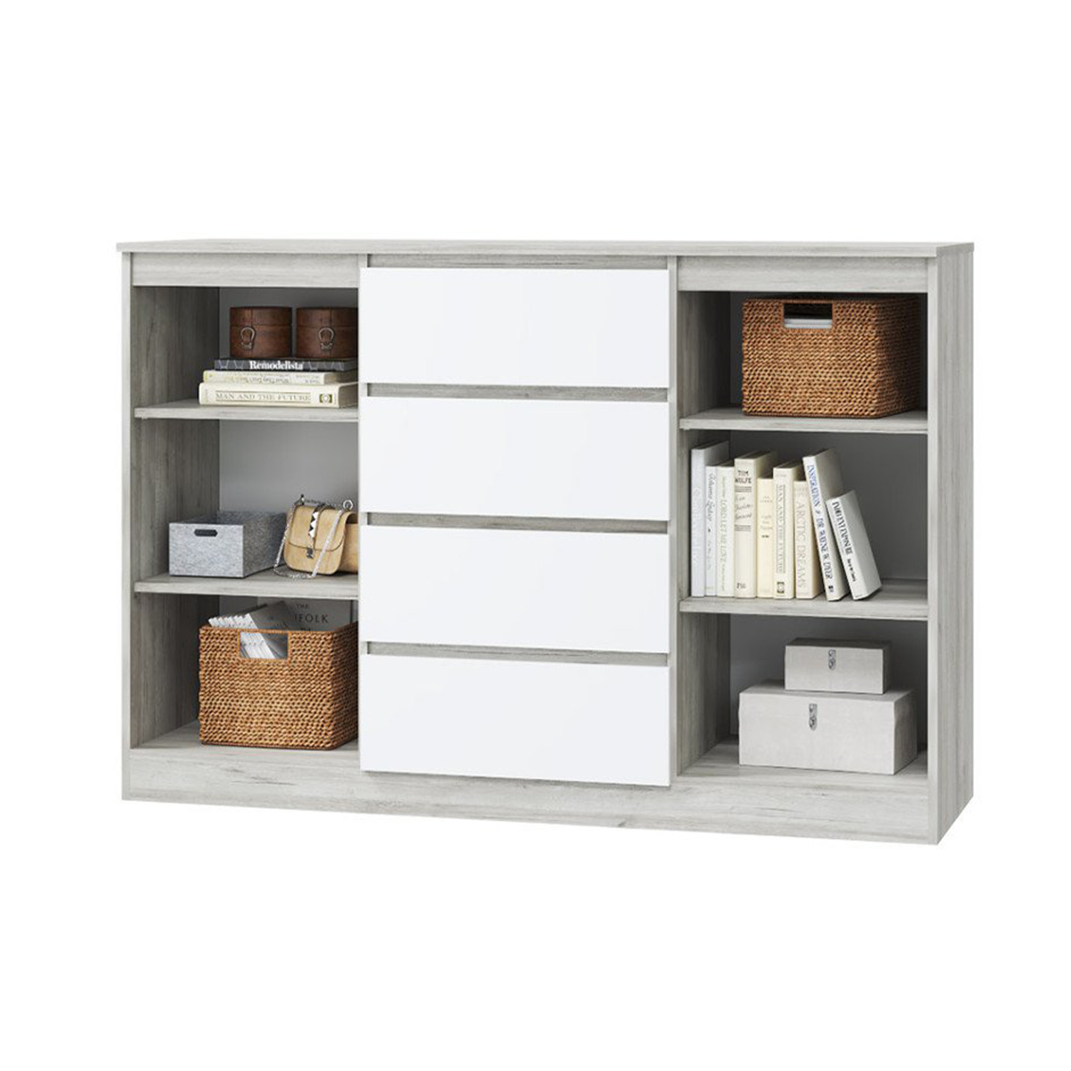 яяяКомод ЛОРИ, 2 двери и 4 ящика,1452*450*990 мм, дуб серый/белый*1