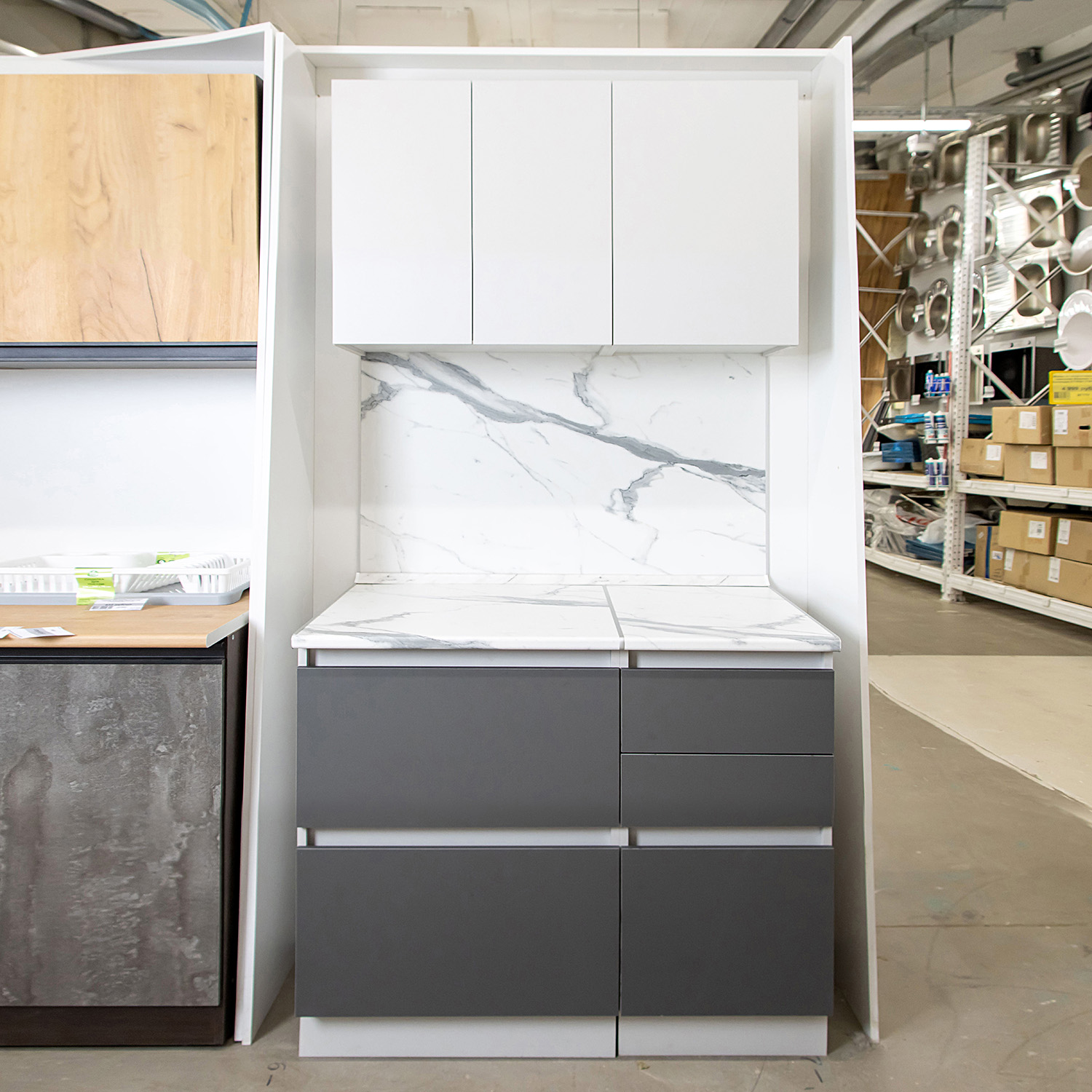 Шкаф напольный 400х850х600 мм BROZEX-WOOD Серый лед, с тремя ящиками, серый / графит