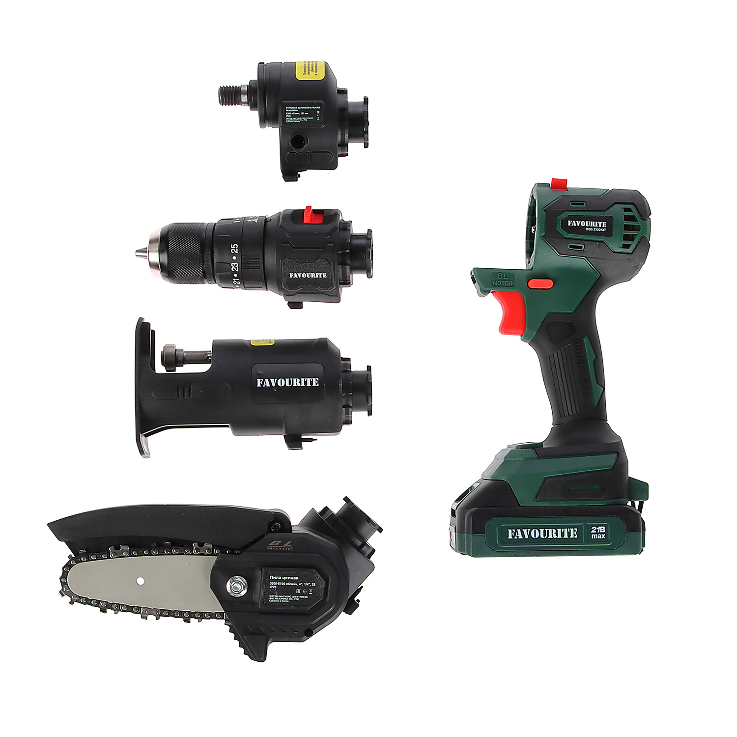 Дрель-шуруповерт 21Вт 2Ач 1АКБ LI-ION Б/Щ МУЛЬТИТУЛ 4в1 OBS 2102KIT FAVOURITE *1/5