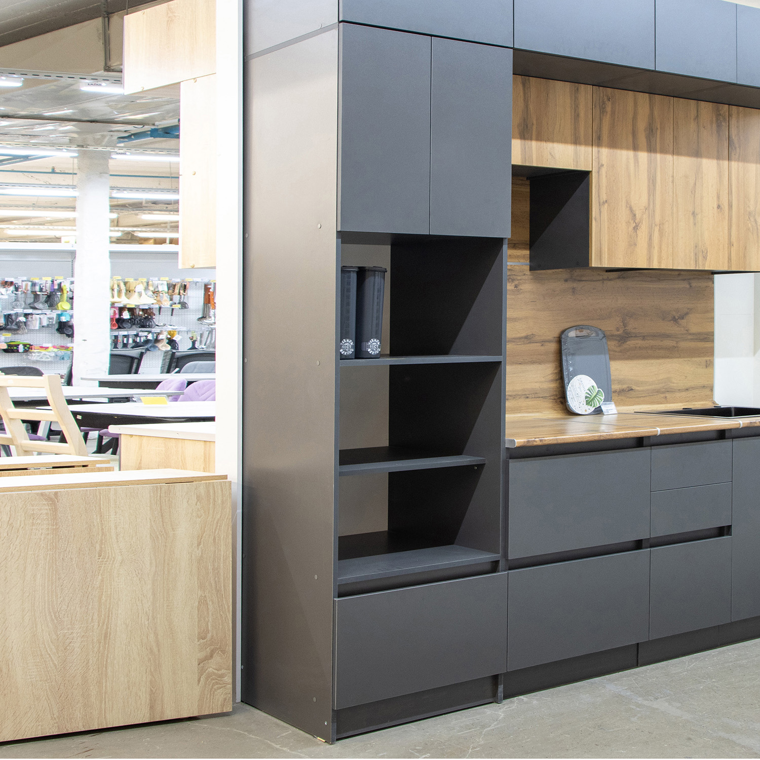 Пенал 600х2100х550 мм BROZEX-WOOD Next, для духового шкафа и СВЧ, графит / дуб вотан