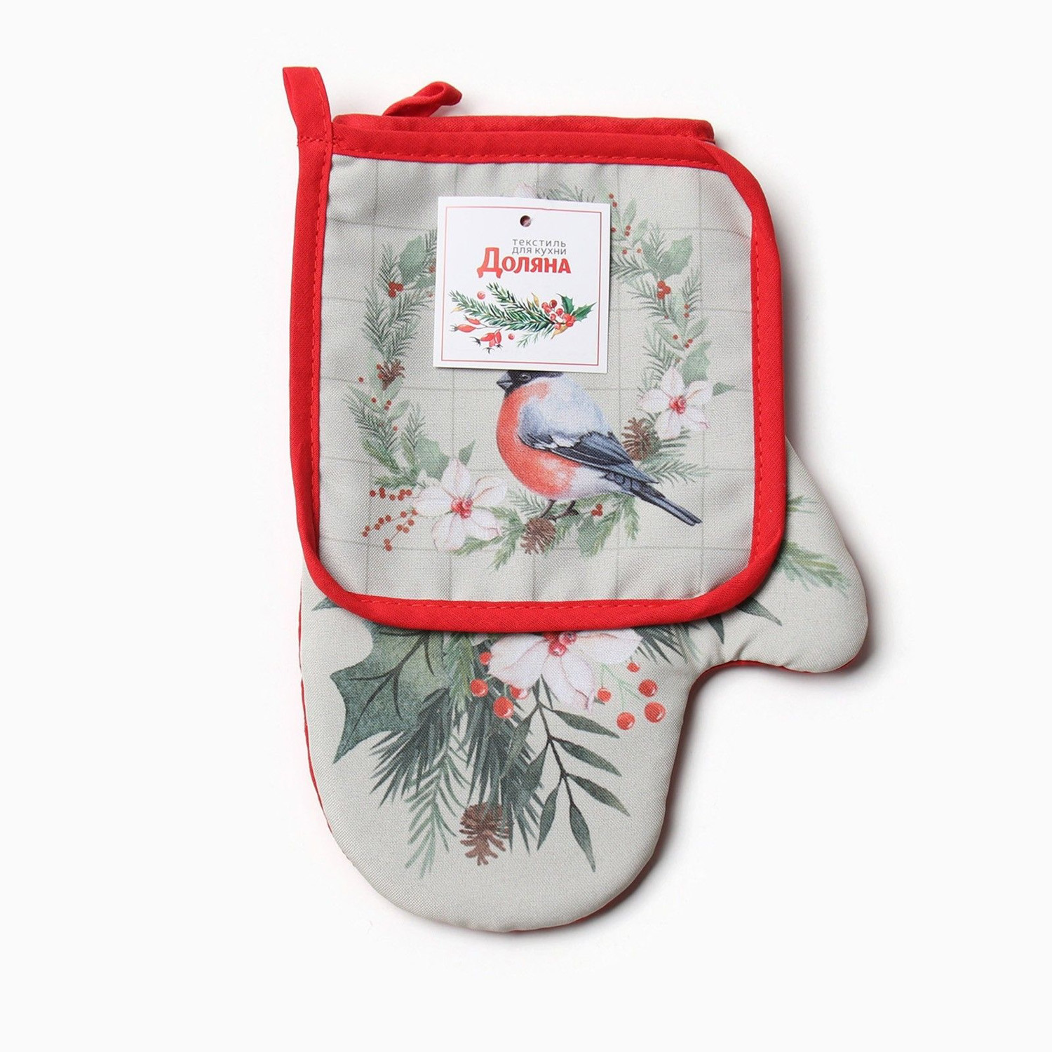 Набор прихваток Доляна «Снегирь», варежка 20х28 см, прихватка 17х17 см, хлопок, п/э, зеленый