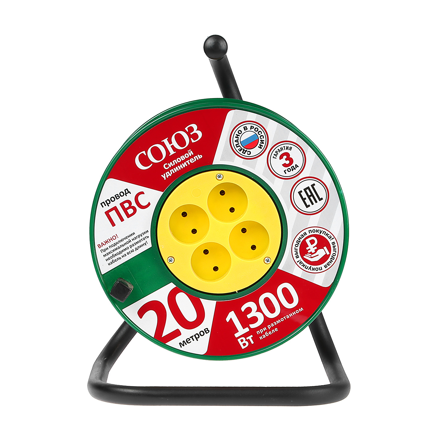 Удлинитель 4 розетки 20м б/з КАТУШКА 6А IP20 1.3кВт Союз 481S-3102 *1