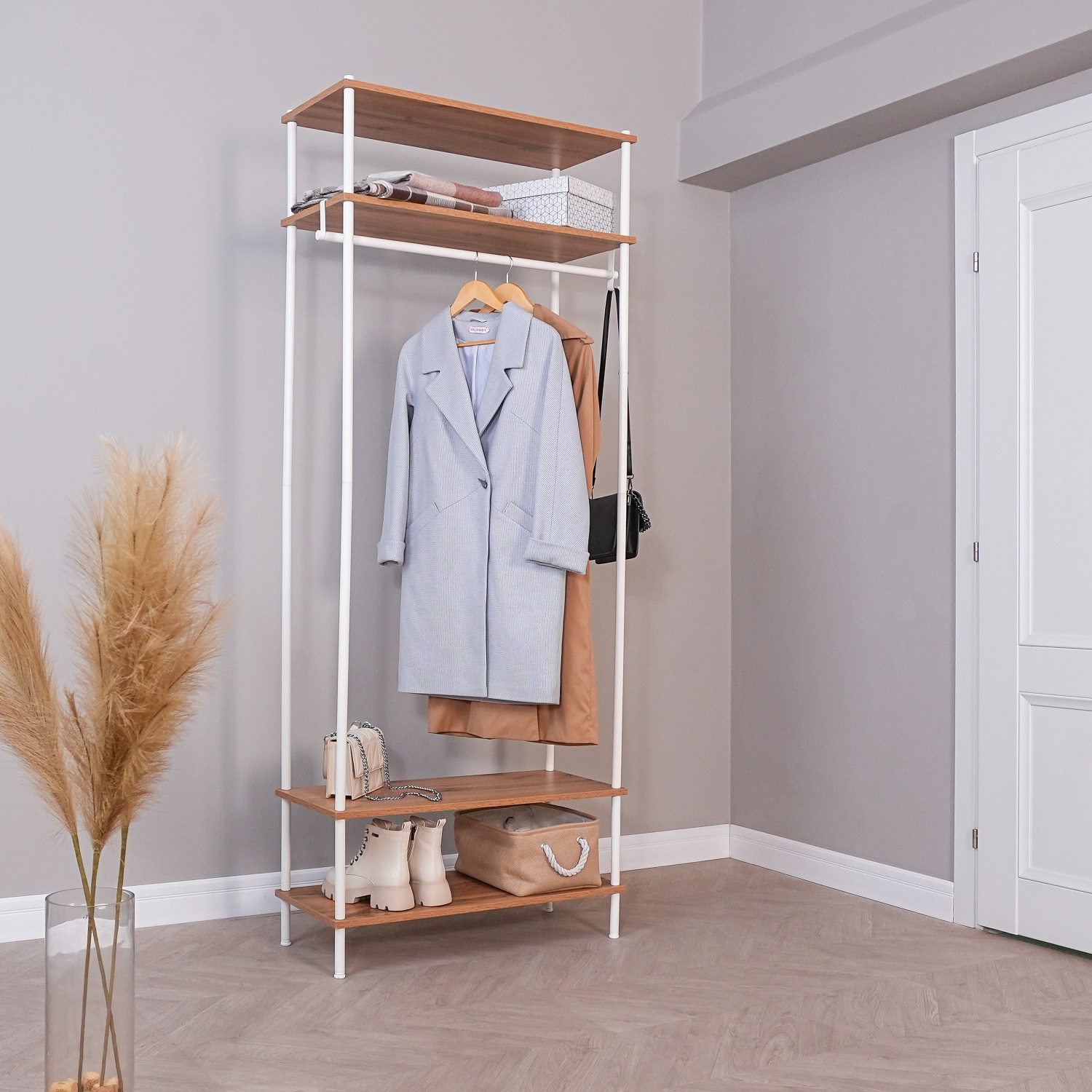 Вешалка напольная "Прихожая 34" "НеШкаф" с 4полками,ш.0,83м,в.2м,гл.0,37м Дер./Бел. ПРНШ 34 Б *1