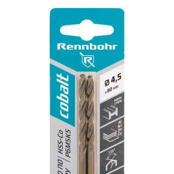 Сверло по металлу 4,50*80/47мм HSS-Co P6M5К5 (2шт) блистер арт.668045 COBALT RENNBOHR *10/40/640