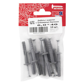 Дюбель с шурупом  6,0*40 с грибовидным бортиком (10шт) пакет BROZEX *10/100